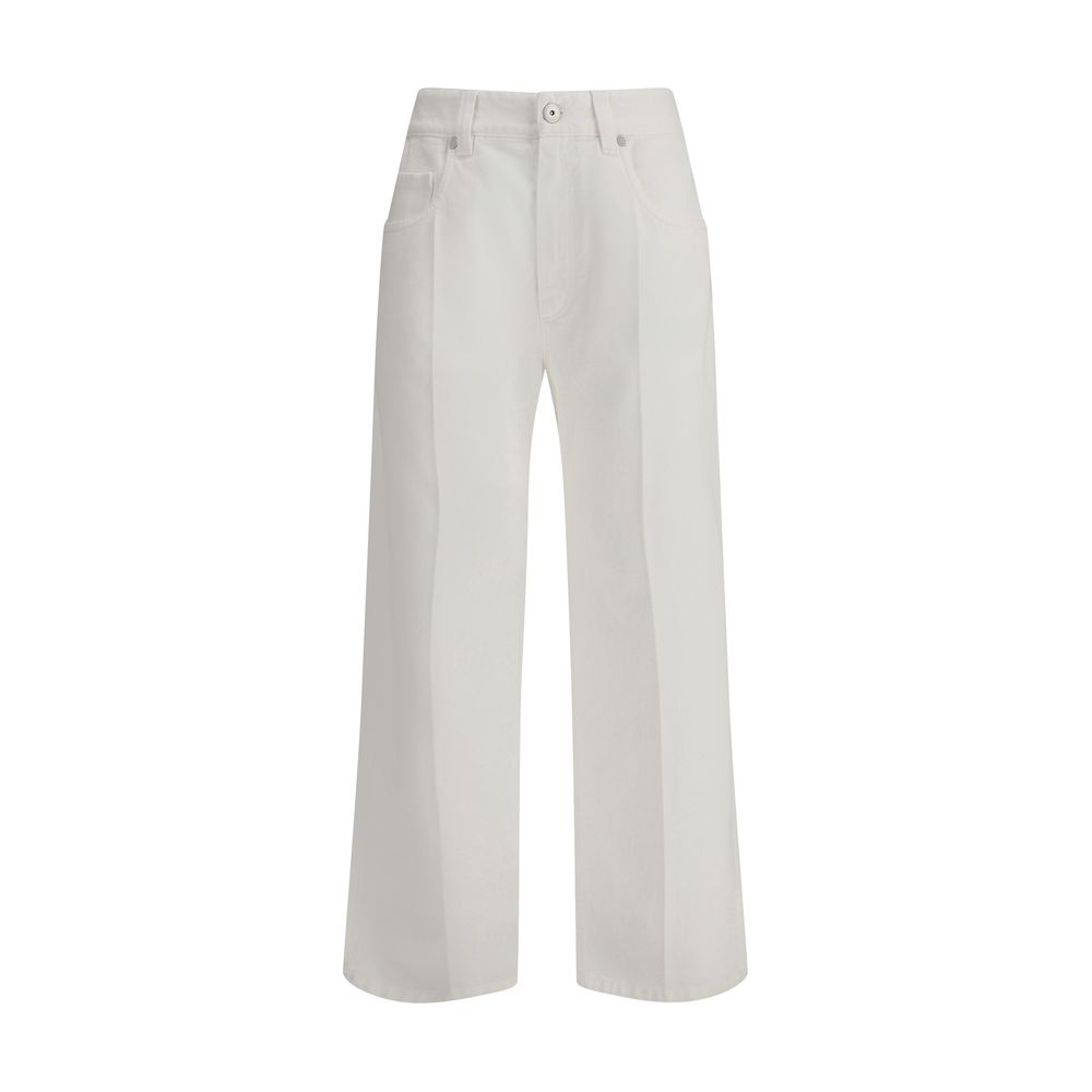 Brunello Cucinelli White Cotton Straight-Leg Jeans with five-pocket design and leather patch detail.