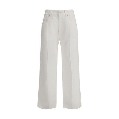 Brunello Cucinelli White Cotton Straight-Leg Jeans with five-pocket design and leather patch detail.