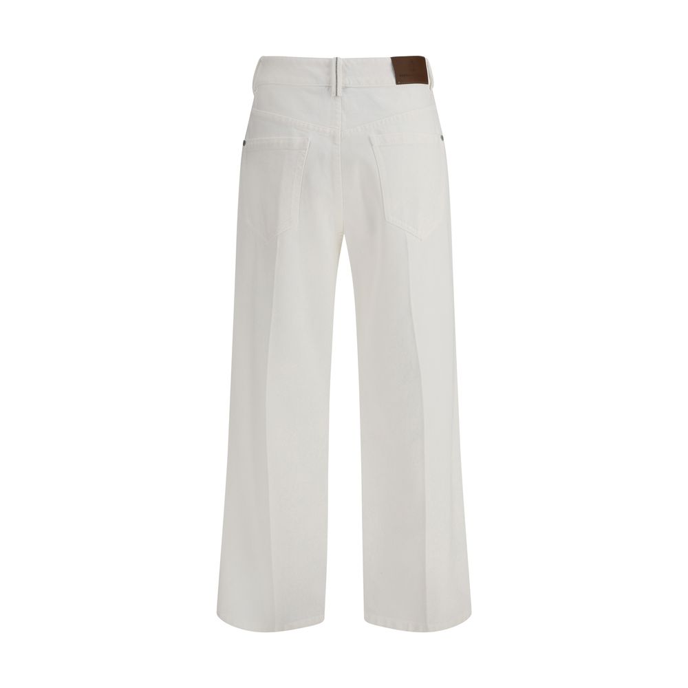 Brunello Cucinelli White Cotton Straight-Leg Jeans back view showing classic design and leather patch.