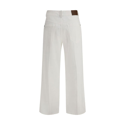 Brunello Cucinelli White Cotton Straight-Leg Jeans back view showing classic design and leather patch.