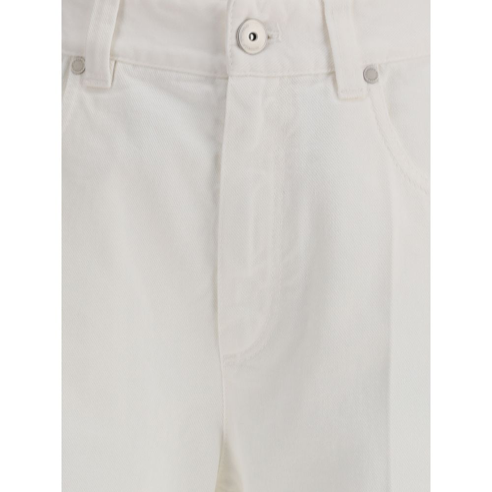 Close-up of Brunello Cucinelli White Cotton Straight-Leg Jeans with button and front zip detail.
