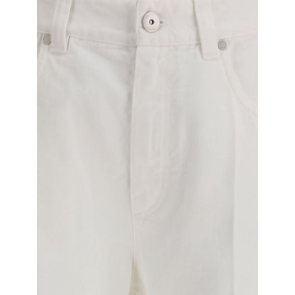 Close-up of Brunello Cucinelli White Cotton Straight-Leg Jeans with button and front zip detail.