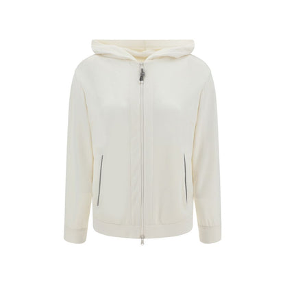 Brunello Cucinelli White Silk Sweatshirt with zipper closure and jewel embellished pockets, combining elegance and casual comfort.