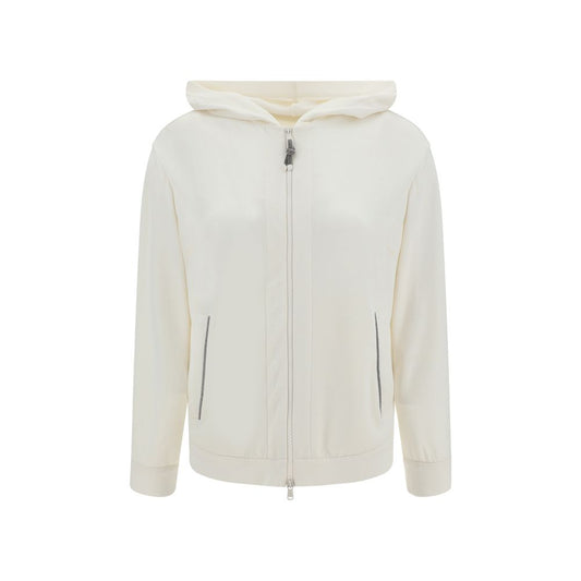Brunello Cucinelli White Silk Sweatshirt with jewel-embellished pockets, front zipper, and hood, offering a blend of elegance and comfort.