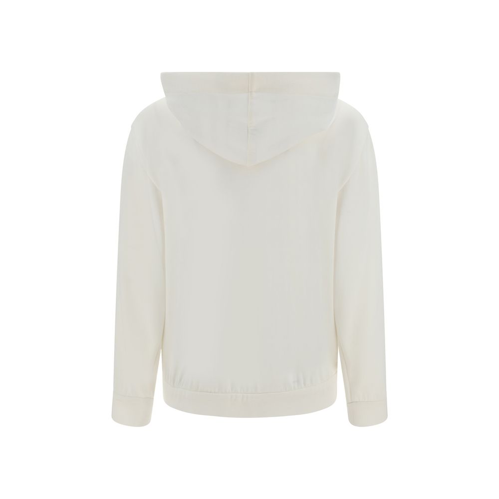 Brunello Cucinelli White Silk Sweatshirt featuring hood and monochrome design, elegant side pockets with jewel appliqués.
