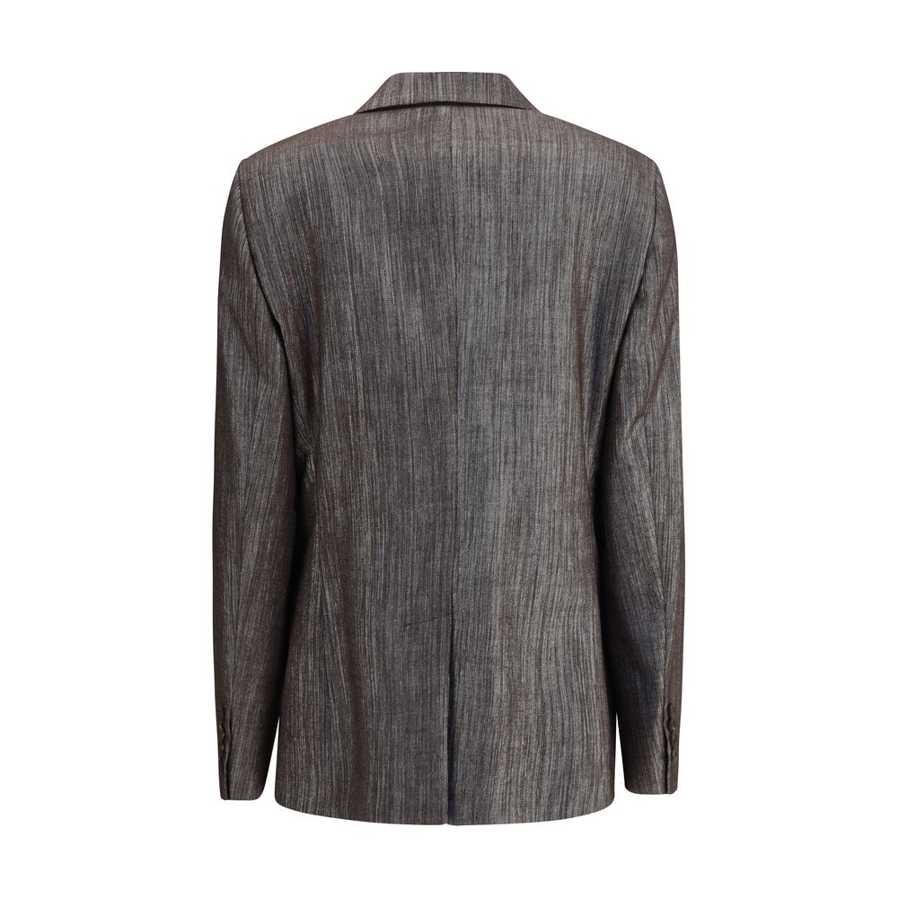 Back view of Brunello Cucinelli Yellow Polyester Blazer showcasing classic tailoring and comfort-focused design with back slit.