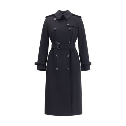 Burberry Black Cashmere Coat with double-breasted design, waist belt, and iconic Check undercollar. Timeless style and elegance.