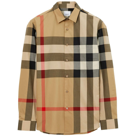 Burberry Check cotton shirt featuring classic collar, front button fastening, archive beige check print, and curved hem design.