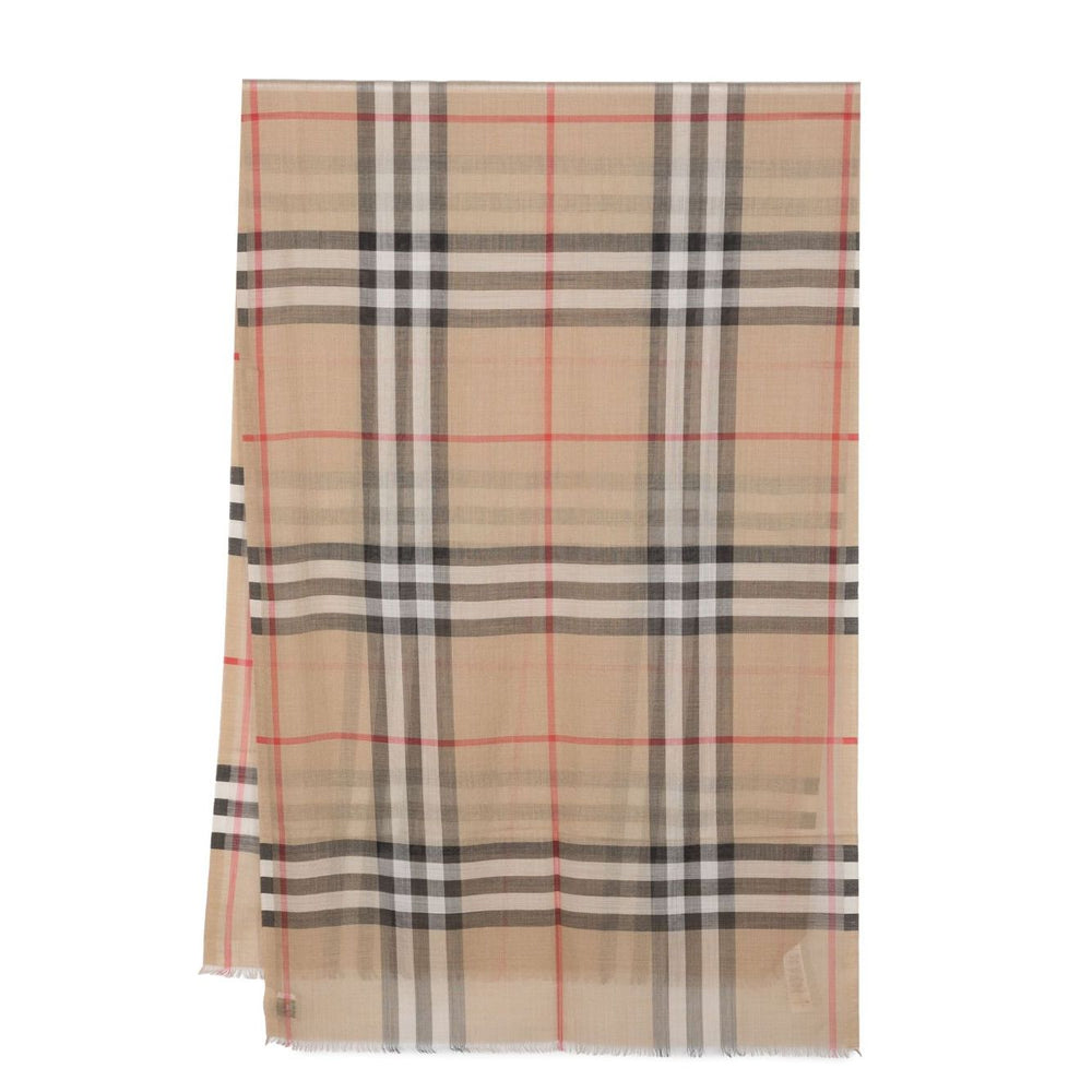Archive beige Burberry Check wool and silk scarf with plaid pattern and frayed edges, featuring a logo patch. Size: 220x70cm.