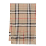 Archive beige Burberry Check wool and silk scarf with plaid pattern and frayed edges, featuring a logo patch. Size: 220x70cm.
