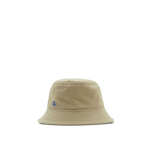 Burberry Cotton Bucket Cap with contrasting Pegaso embroidery and signature knight motif, 100% cotton, flat crown, low wide brim.