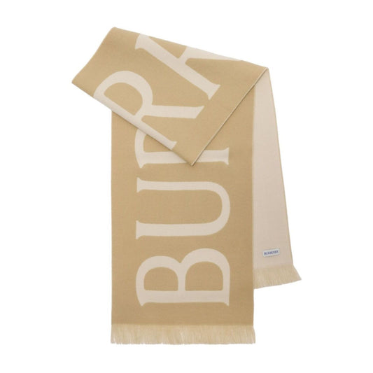 Alt Tag: Burberry Logo wool scarf in archive beige with wraparound style and frayed edge, featuring a mini logo tag and rectangle shape.