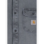 Close-up of CARHARTT WIP PRE Shirts Clear Blue with buttons and pocket detail in silk and nylon tigan denim cotton.