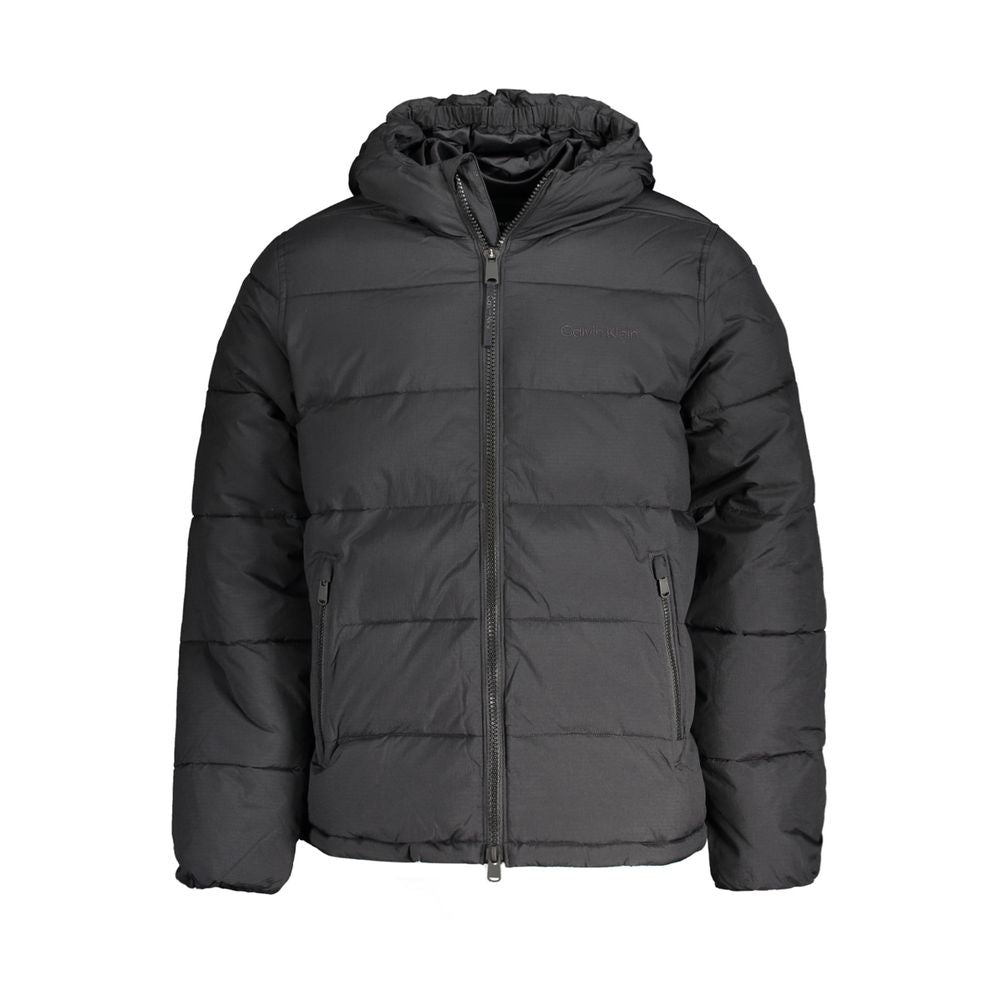 Calvin Klein Black Nylon Men Jacket with hood, long sleeves, and pockets, water-repellent outerwear for modern trendsetters.