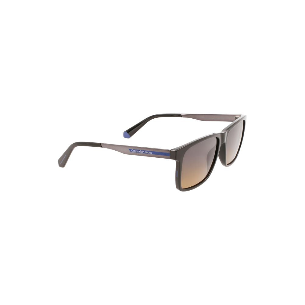 Calvin Klein Black Plastic Men Sunglass with square frame and brown lenses, showcasing sleek sophistication and style.
