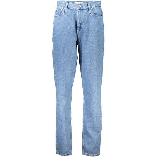 Calvin Klein Blue Cotton Jeans Denim featuring a mom jeans style, 5 pockets, button and zip closure, and 20% recycled cotton.