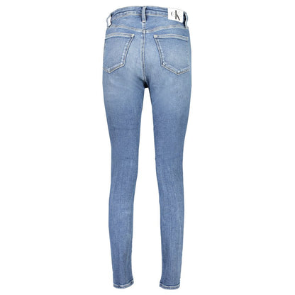 Back view of Calvin Klein Blue Cotton Women Jeans with high-rise, skinny fit, and five pockets, featuring sustainable 20% recycled cotton blend.