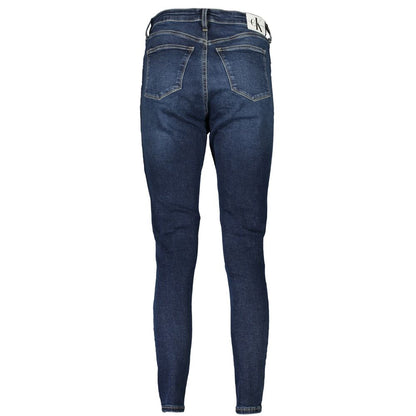 Back view of Calvin Klein Blue Cotton Women's Skinny Ankle Jean showcasing high-rise, eco-friendly denim design.