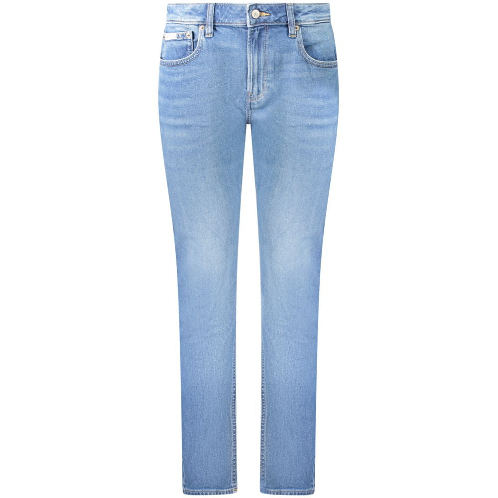 Calvin Klein Blue Cotton Women's Slim Jean in washed blue, featuring a mid-rise and iconic logo for timeless style and comfort.