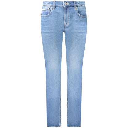 Calvin Klein Blue Cotton Women's Slim Jean in washed blue, featuring a mid-rise and iconic logo for timeless style and comfort.
