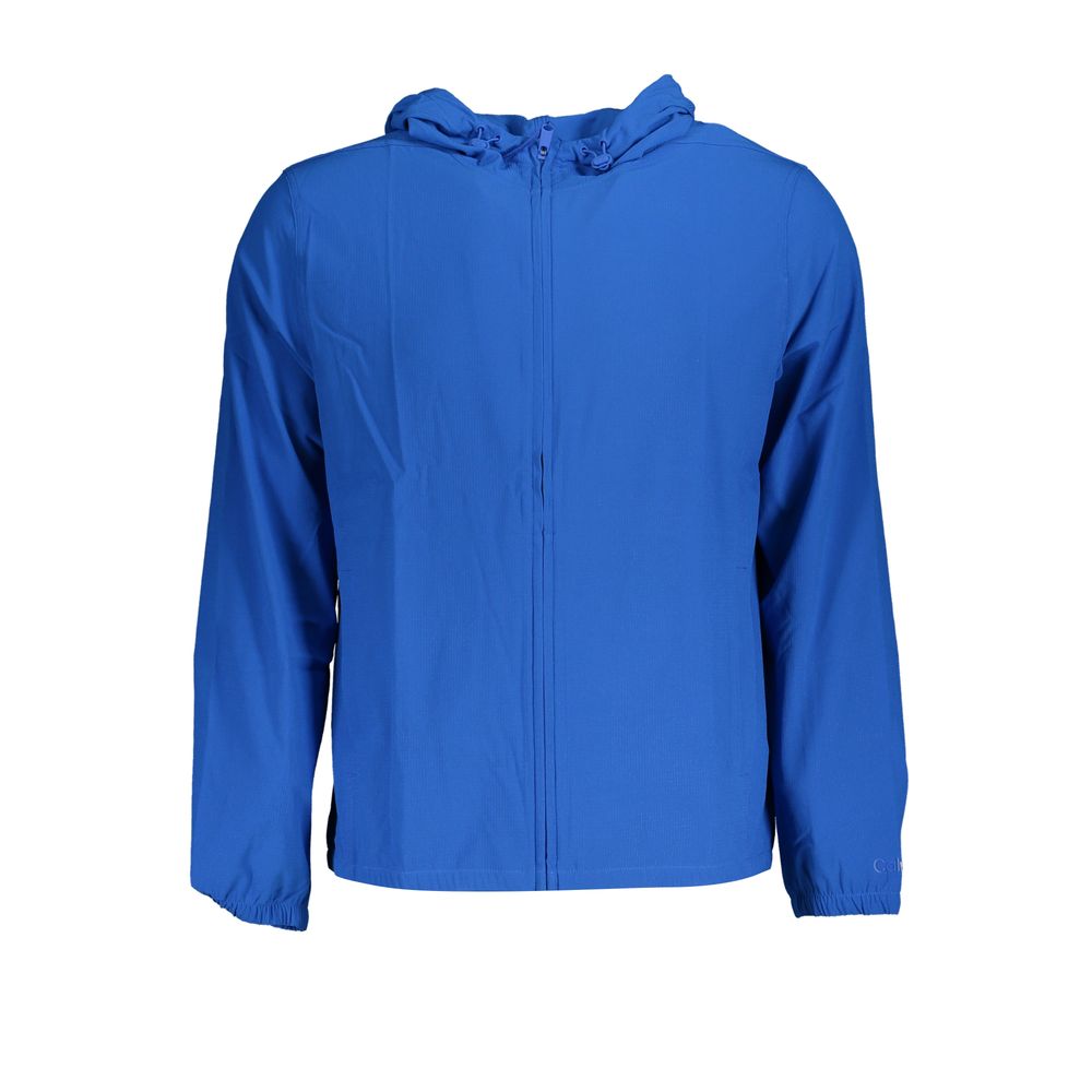 Calvin Klein Blue Polyester Men's Sport Jacket with hood, dual pockets, and logo. Perfect blend of style and performance.