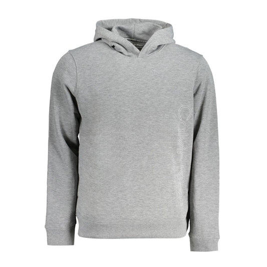 Calvin Klein Gray Polyester Men Sweater, eco-friendly design with bold logo print, made from 100% recycled polyester for casual comfort.