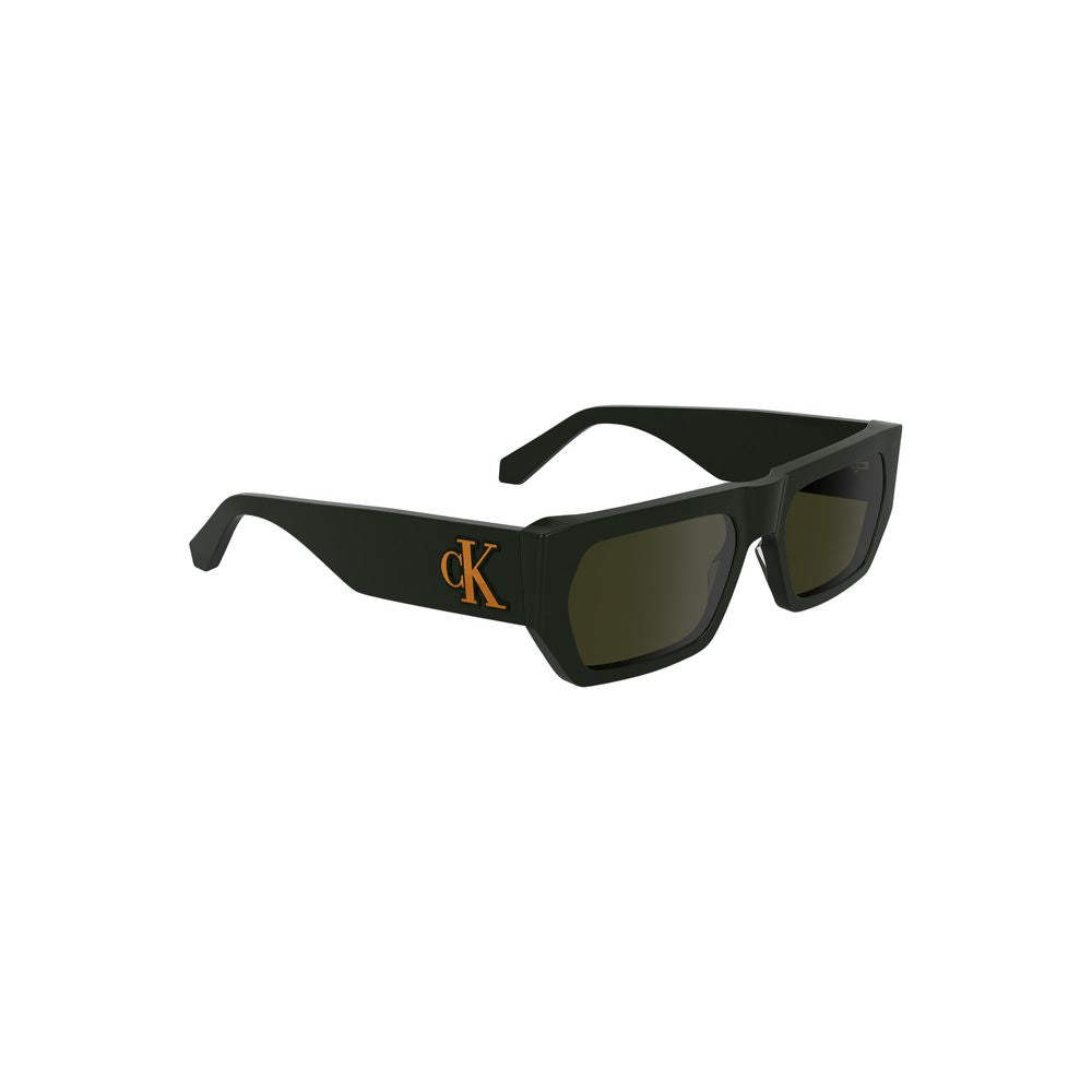 Calvin Klein "Green Acetate Men Sunglasses" with bio-acetate frame and green-tinted lenses, showcasing modern elegance and bold style.