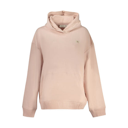 Calvin Klein Pink Cotton Women Sweater with hood and logo, casual loungewear for elegance and comfort, central pocket detail.