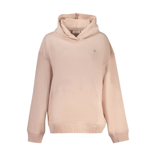 Calvin Klein Pink Cotton Women Sweater with hood and logo, casual loungewear for elegance and comfort, central pocket detail.