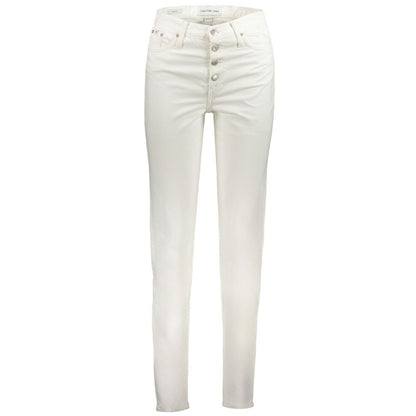 Calvin Klein White Cotton Women Jeans with sustainable 95% recycled cotton, featuring 5-pocket design and branded buttons.