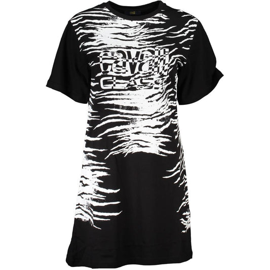 Cavalli Class Black Cotton Women Dress with bold print and iconic logo, short sleeve, chic fashion-forward design.