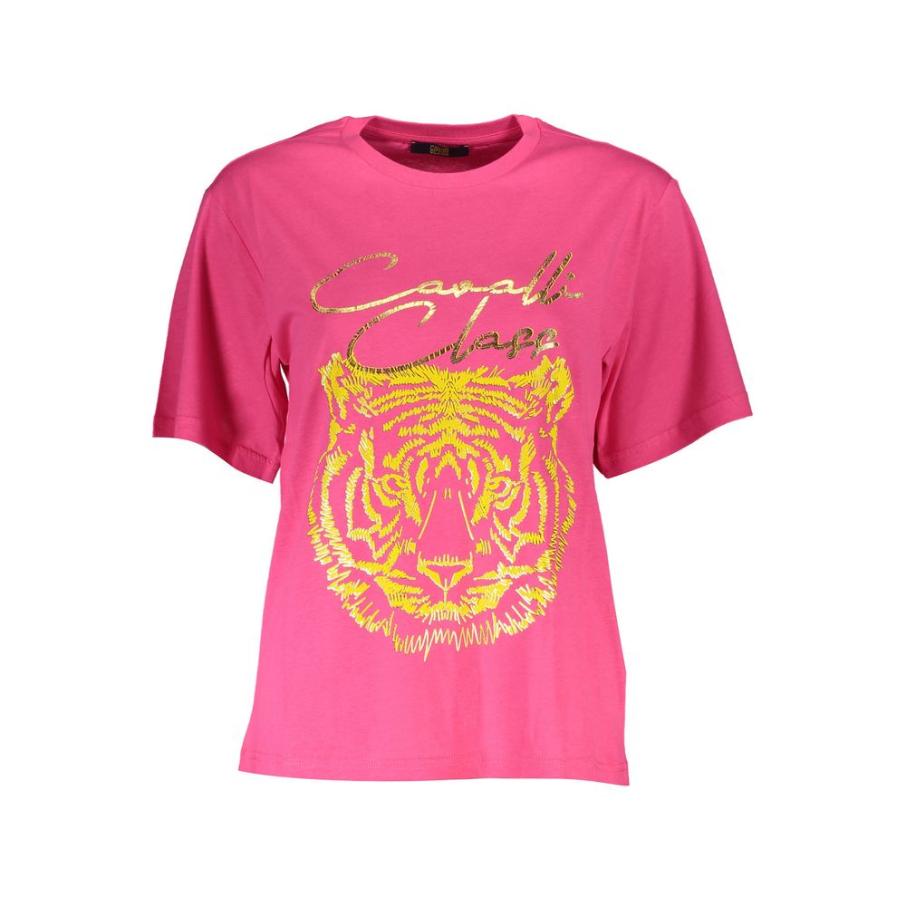 Cavalli Class Pink Cotton Women T-Shirt with tiger print and logo, round-neck design, vibrant style for confident fashion-forward wear