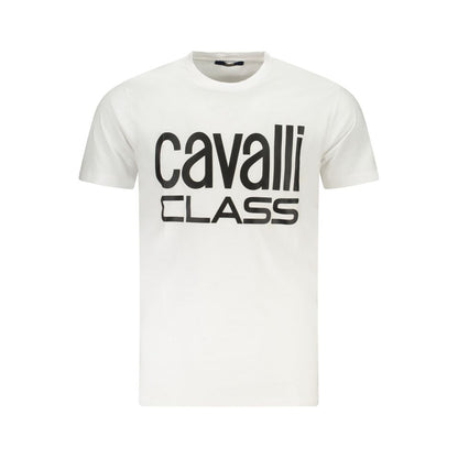 Cavalli Class White Cotton T-Shirt with crew neck, short sleeves, and logo print design.