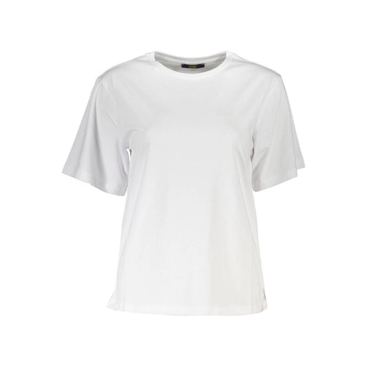 Cavalli Class White Cotton Women T-Shirt with logo and modern print, short-sleeve, slim fit, crafted from premium cotton for comfort.