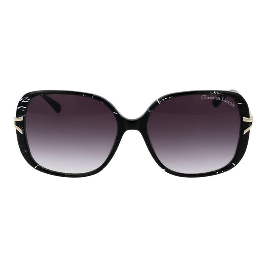 Christian Lacroix Black Women Sunglass with purple mirrored gradient lenses, acetate square frame, and full UV protection in a branded case.