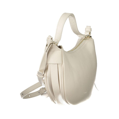 Coccinelle White Leather Handbag with adjustable strap and zip closure, featuring a sleek design and logo detail, side view.