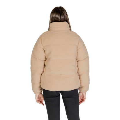 Columbia Beige Nylon Coat - back view showcasing puff design and warm Sherpa lining, ideal for cold days and versatile for city or hiking.