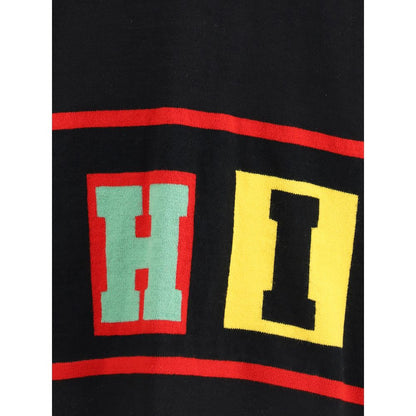 Colorful lettering detail on Comme Des Garçons Black Marabou Sweatshirt, featuring bold 'HI' in green and yellow accented by red and black lines.
