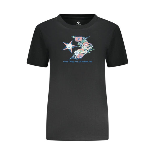 Converse Black Cotton Women T-Shirt with floral graphic design, crew neck, slim fit, iconic logo, stylish and comfortable.