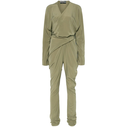 Cortana Cortana Serp Silk Jumpsuit in olive green, featuring a tied waist, V-neck, long sleeves, and draped design.