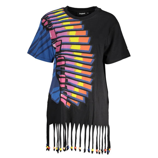 Desigual Black Cotton Women Dress with colorful design and fringe details.