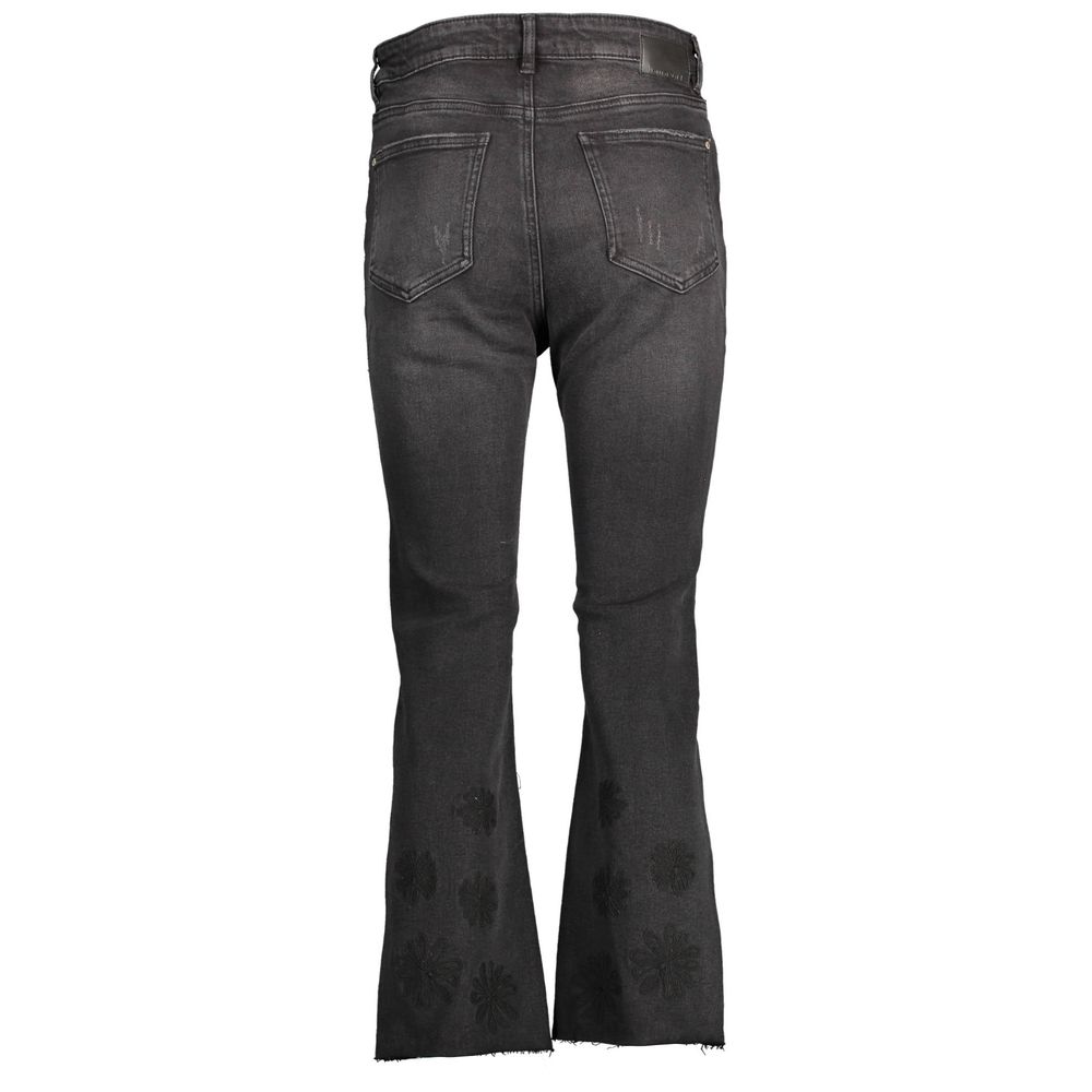 Desigual Black Cotton Women Jeans with intricate embroidery, showcasing unique style and comfort from the back view.