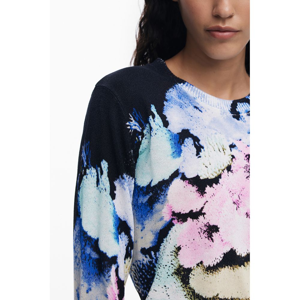Desigual Black Linen Women Sweater with colorful abstract pattern and crew neck, showcasing eclectic design and iconic style.
