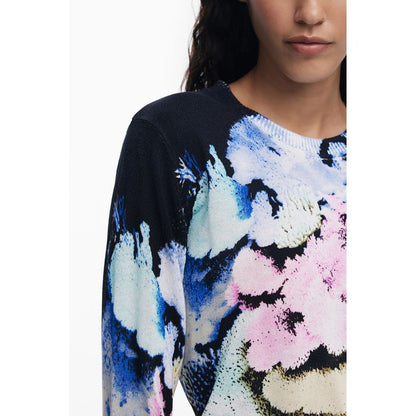 Desigual Black Linen Women Sweater with colorful abstract pattern and crew neck, showcasing eclectic design and iconic style.
