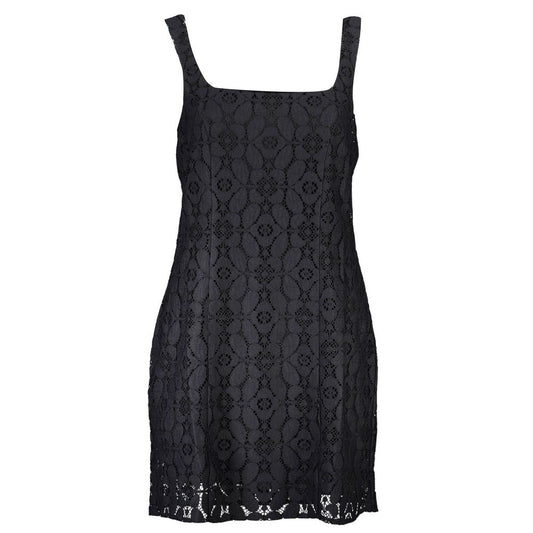 Desigual Black Polyester Women Dress with a square neckline and lace pattern, featuring a bold sleeveless cut for a striking look.
