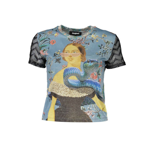 Desigual Blue Polyester Women T-Shirt featuring dynamic print and metallic shimmer accents