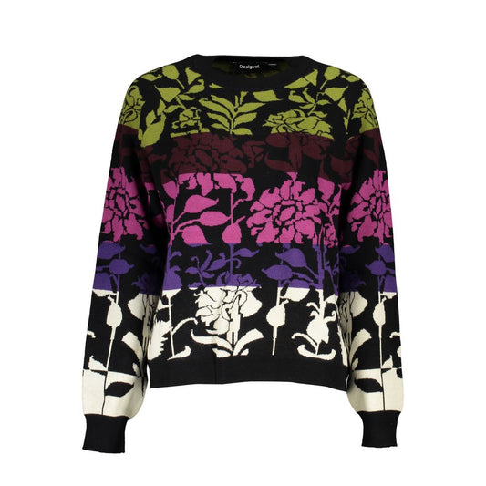 Alt Tag: Desigual Chic Long-Sleeved Black Sweater with Contrast Details featuring floral design and colorful pattern.