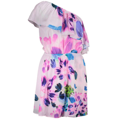 Desigual Pink Viscose Women Dress with floral pattern and one-shoulder design; elastic waist and playful contrasting details.