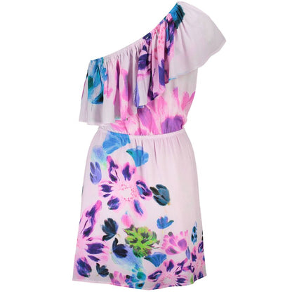Desigual Pink Viscose Women Dress with floral pattern and one-shoulder design showcasing bold, chic style and elastic waist.