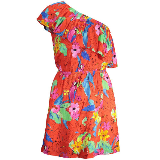 Desigual Red Viscose Women Dress with floral print, one-shoulder design, elastic waist, perfect for an evening look.